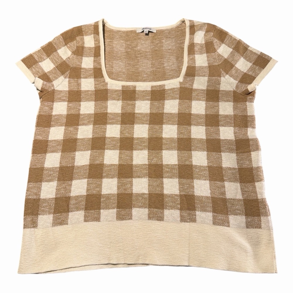 Madewell XL Tan Cream Gingham Square Neck Sweater Top Cottagecore Preppy